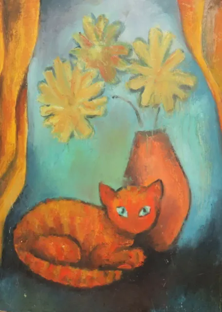 Dipinto ad olio vintage vaso di natura morta con fiori e gatto