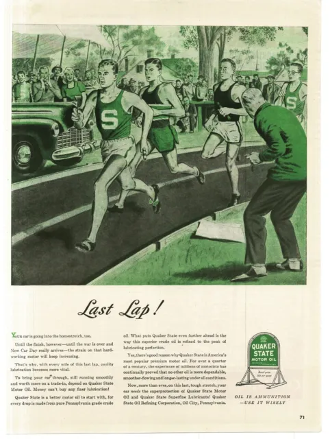 1945 Quaker State Motor Oil Track Meet Runners on Last Lap WWII Vintage Print Ad