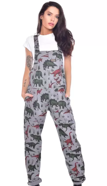 Run &Fly 80's/90's style unisex oversized greydenim dinosaur patterned dungarees