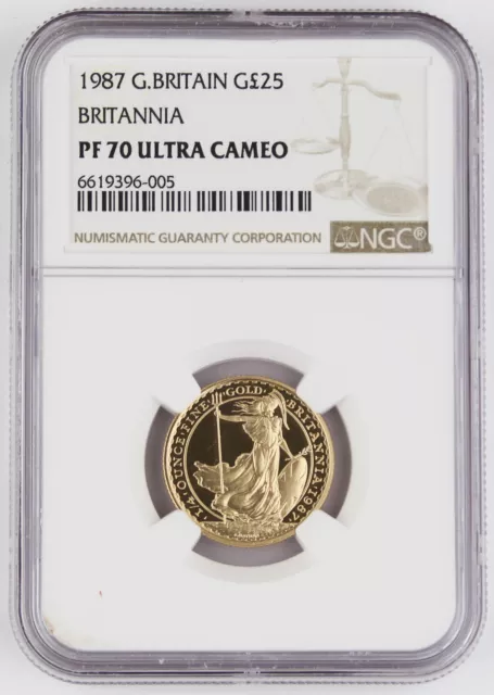 Great Britain UK 1987 BRITANNIA 1/4 Oz Gold £25 Pound Proof Coin NGC PF70 UC