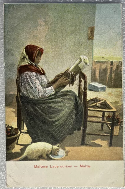 Maltese Lace Worker Malta Italy Mediterranean City Cat Drinking Postcard