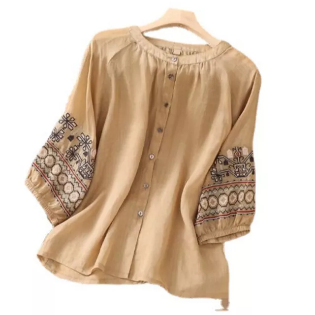 Summer Women Cotton Linen Solid Color Embroidery Shirt Lantern Sleeve Loose Top