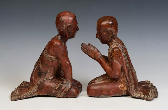 19th Century, Mandalay, A Pair of Antique Burmese Wooden Seated Disciples 10