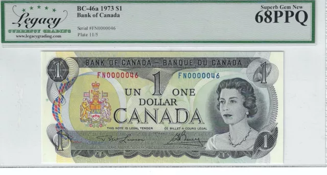 1973 Canada $1 Note, Law/Bou BC-46a LOW SER# FN 0000046 LEGACY 68 PPQ