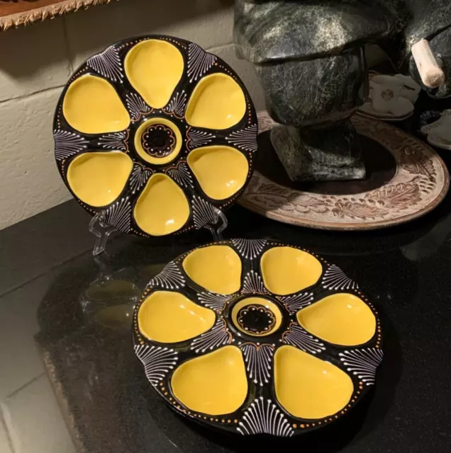 2 HB Quimper Yellow and Black 9 1/4" Oyster Plates mid 1900's F. 406 - Excellent
