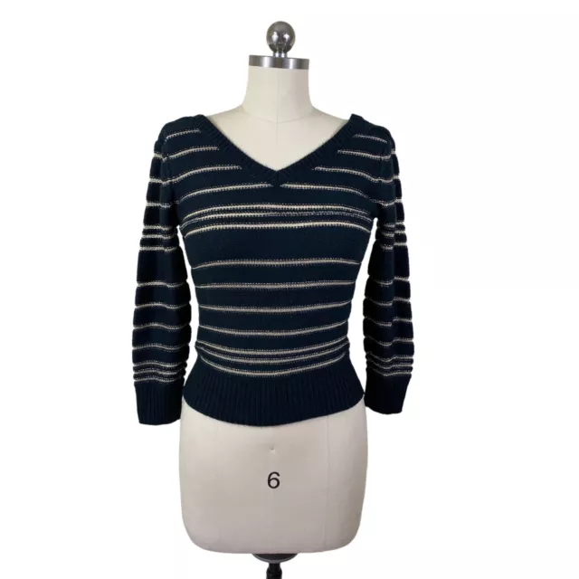 Womens VTG 80-90s Y2K Sweater S-M Black Gold Striped V-Neck Classic Preppy