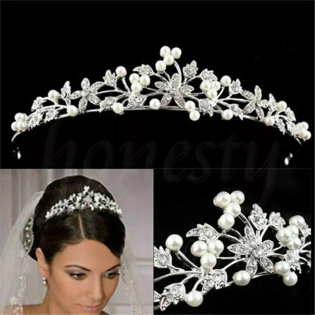 Wedding Bride Bridal Flower Prom Party Pearl Crystal Tiara Hair Band Headband UK