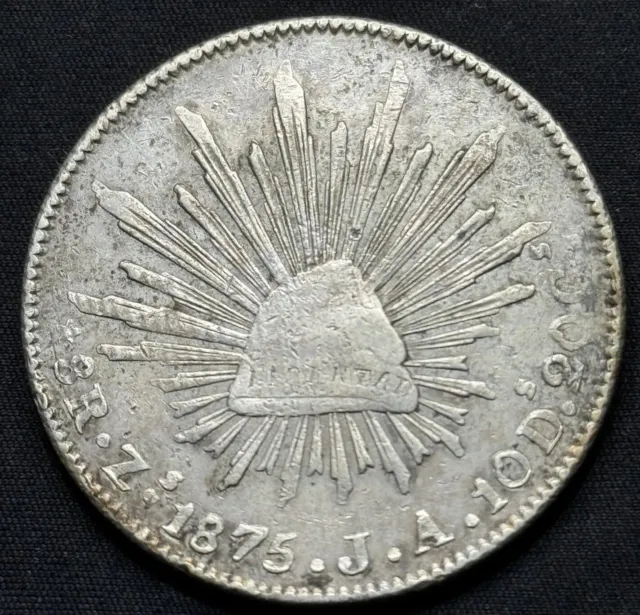 1875 Mexico 8 Reales  J A 0.903 Silver Coin Libertad