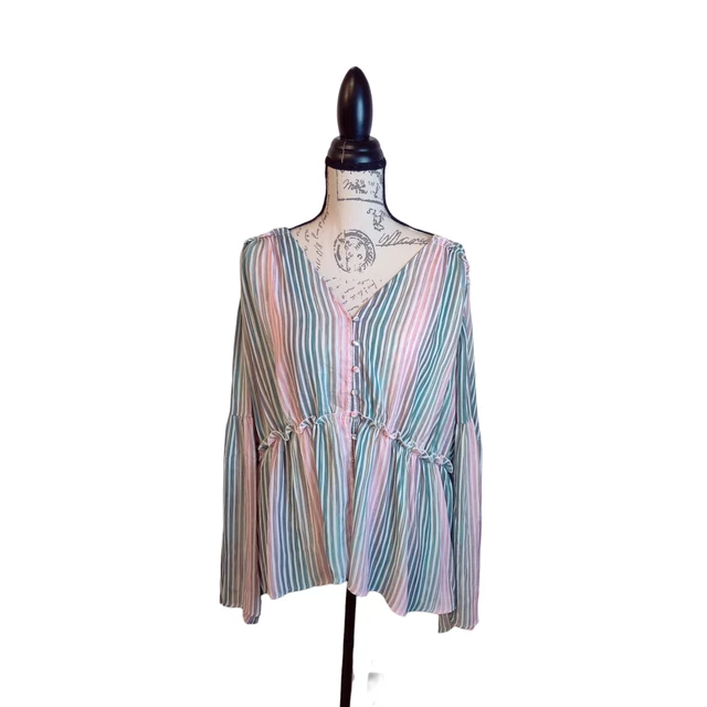 Catherine Malandrino Striped pastel Colors Empire Waist V-Neck Peplum Blouse XL