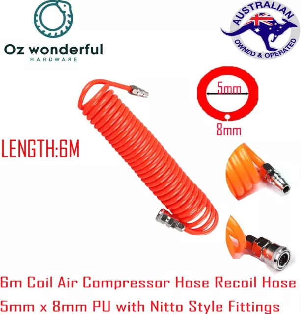 6m Coil Air Compressor Hose Recoil Hose 5mm x 8mm PU with Nitto Style Fittings