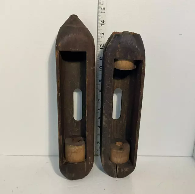 LOT of 2 Antique Wood Weaving Loom Boat Shuttle Spool Holder