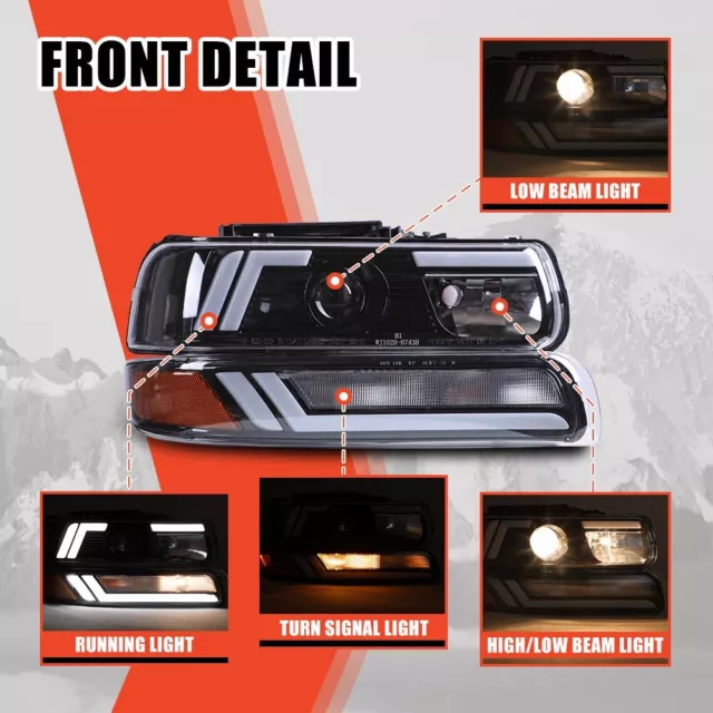 For 2000-2006 Chevrolet Tahoe Suburban LED DRL Projector Headlights Clear Lens 3