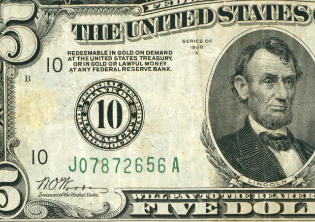 $5 1928 A ((KANSAS CITY)) Federal Reserve Note ** DAILY CURRENCY AUCTIONS