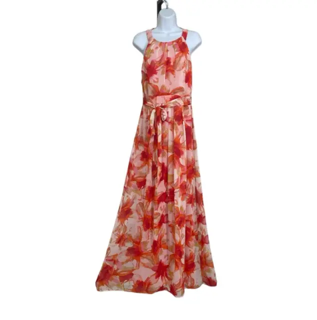 Jessica Howard Womens Pink Orange Chiffon Floral Print Maxi Dress 10 Halter Tie