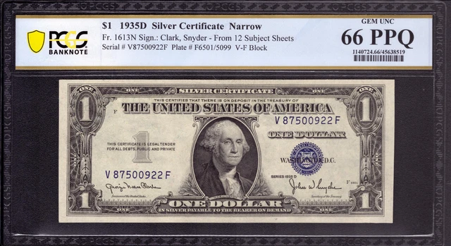 1935 D $1 Silver Certificate Narrow Fr.1613N Vf Block Pcgs B Gem 66 Ppq