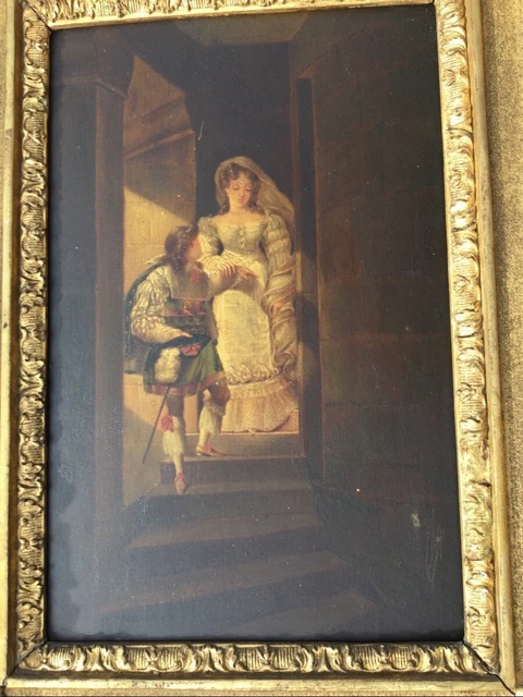 Antique Oil On Panel Painting Couple Gallants Framed Lecoeur Art Rare Old 19th