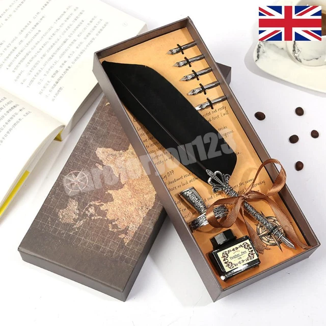 NEW CALLIGRAPHY FEATHER Dip Pen Writing Ink Quill Fountain Pen Set ...