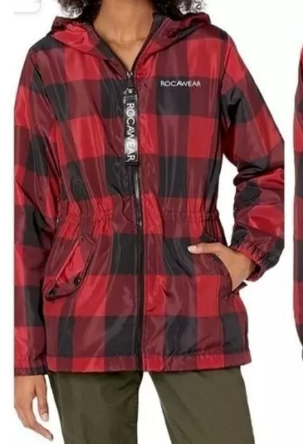 Rocawear Black Red Buffalo Plaid Hooded Fleece Lined Windbreaker Jacket Sz SMALL