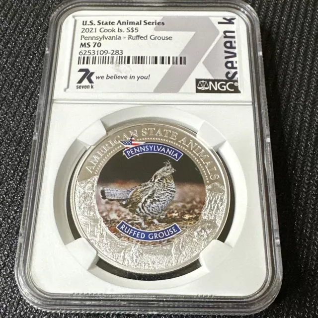 2021 Cook Islands US State Animals 1oz Silver Colored Coin Pennsylvania NGC MS70