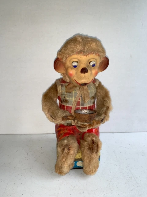 Vintage Battery Operated Monkey Blowing Bubbles Japan 1950's tin litho