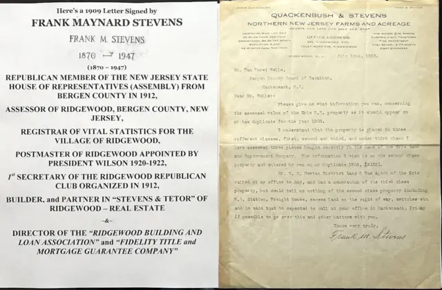 Nj Politician Assemblyman Stevens Erie Railroad Document Signed Ridgewood 1909 !