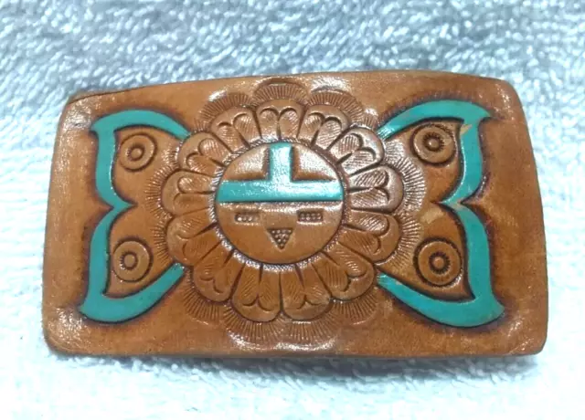 Hand Tooled Leather Over Metal Buckle Brown Turquoise Sun God Great Vintage !!