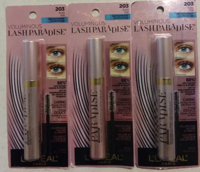 LOREAL VOLUMINOUS LASH PARADISE #203 Black Waterproof Hydrofuge. Lot of 3.