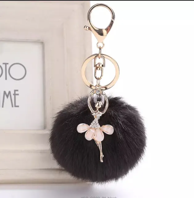 Pom Pom Fur Ball Ballerina Key Chain Ring Purse Backpack  Choose Your Color.