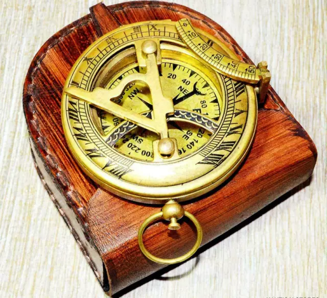 Antique Brass Sundial Push Button Pocket Compass With Leather Case Handmade Gift