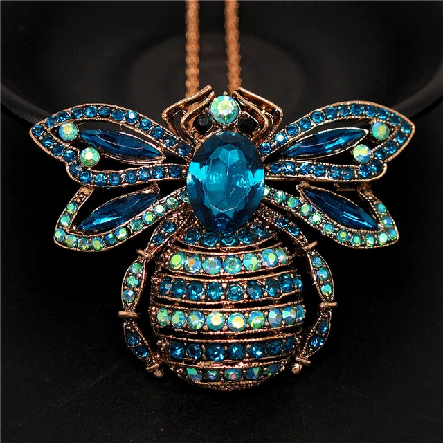 Betsey Johnson Bling Blue Rhinestone Honey Bee Crystal Pendant Chain Necklace 2