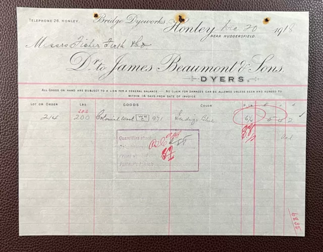 1918 James Beaumont, Dyers, Bridge Dyeworks, Honley Near Huddersfield Invoice