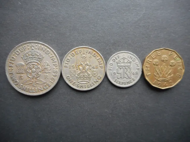United Kingdom 3, 6 Pence, 1, 2 Shilling 1942, 1948 George VI (Lot of 4 Coins)