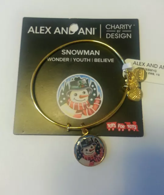 Alex And Ani SNOWMAN Bangle Bracelet New W/Tag Card Shiny Gold RETIRED Charm