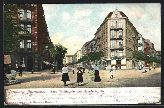 AK Hamburg-Barmbeck, Wohldorfer Ecke Hansdorfer Strasse mit Passanten 1905