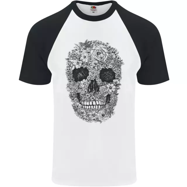 Un Teschio Fatto Di Fiori Gotico Rock Biker Uomo S/S Baseball T-Shirt