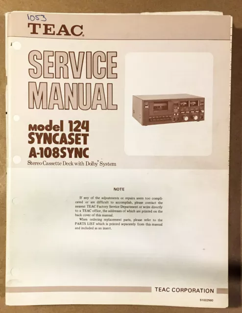 Teac / Tascam Model 124 Syncaset A-108 Sync Cassette  Service Manual *Original*