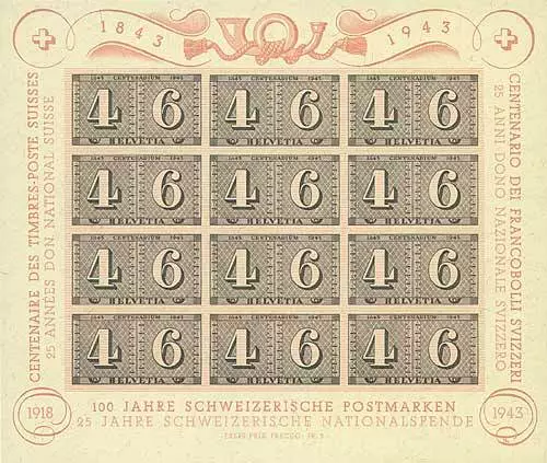 Schweiz Block 9 postfrisch ** MNH / gestempelt 100 Jahre Briefmarken 1943