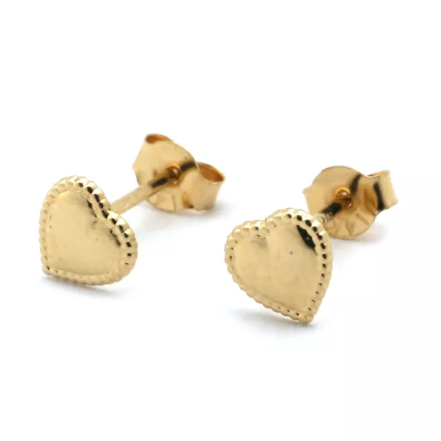 14k Solid Yellow Gold Beaded Edge Heart Stud Earrings