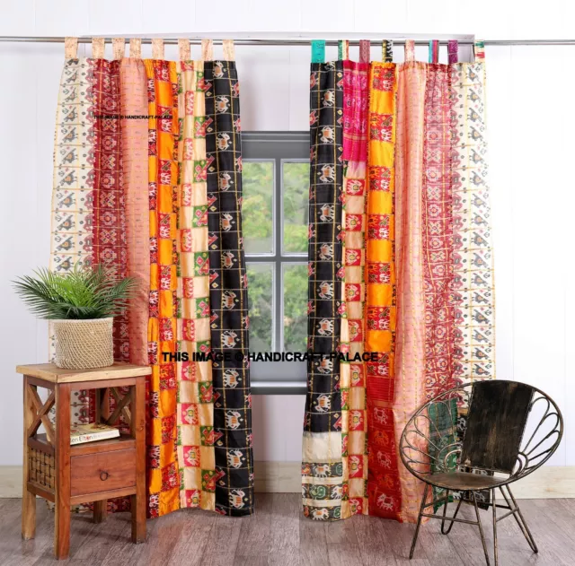 Old Silk Sari Saree Hippie Multi Curtain Door Drape Decor Silk Drapes Indian 2pc