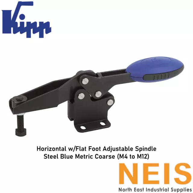 KIPP Toggle Clamps Horizontal w/Flat Foot & Adjust. Spindle Steel Blue MC K0660