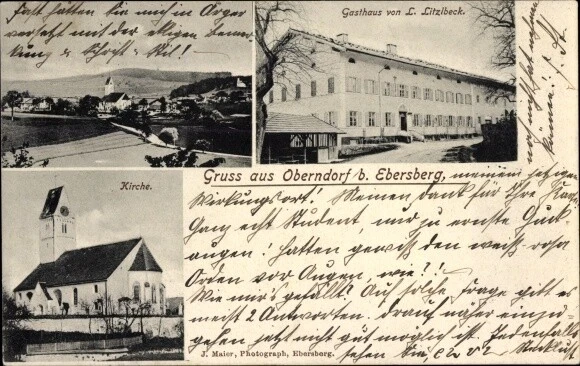 Ak Oberndorf Ebersberg in Oberbayern, Kirche, Totalansicht, Gasthaus - 10709118