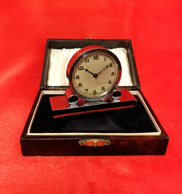 Old Vintage Rare Silver Swiss Bedside Desk Clock c 20s30s. with Travel Case