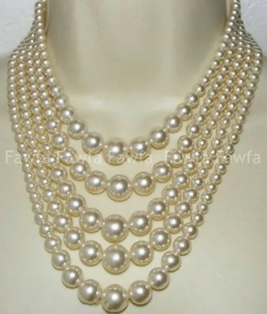 Pretty 5 Rows Natural 6-12mm Real White Akoya Nearly Round Pearl Necklace 18-23"