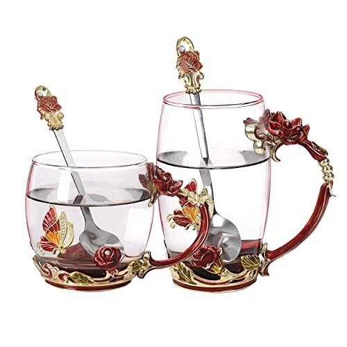 Glass Coffee Cup Tea Mug & Gifts with Spoon Set Handmade Enamel Butterfly Rose