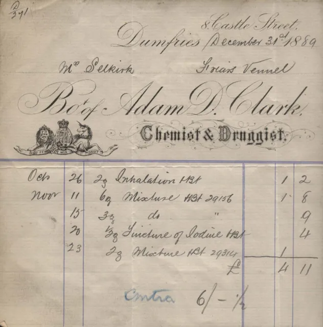 1889 Dumfries, Adam D. Clark, Chemist Druggist, 8 Castle St. To Mr Selkirk
