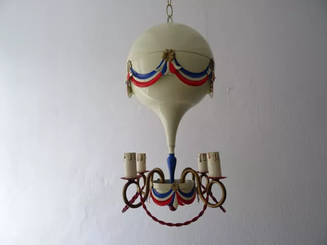 ~Mid-Century French Flag Tole Hot Air Balloon Chandelier, circa 1950 ~