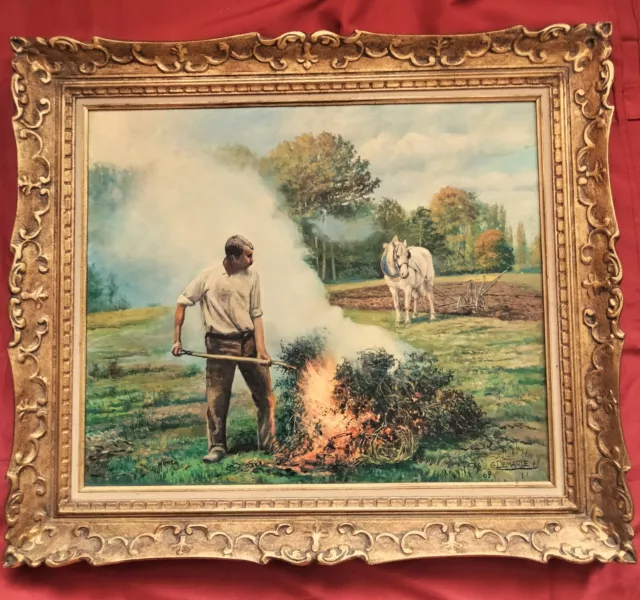 Magnifique huile post-impressionniste  de 1969  " paysan faisant un feu "
