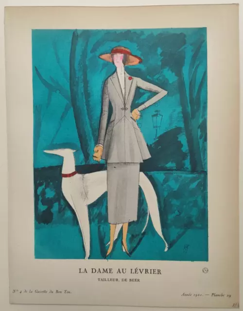 La Dame Au Levrier, E.g. Benito, Pochoir Original De 1921, Gazette Du Bon Ton