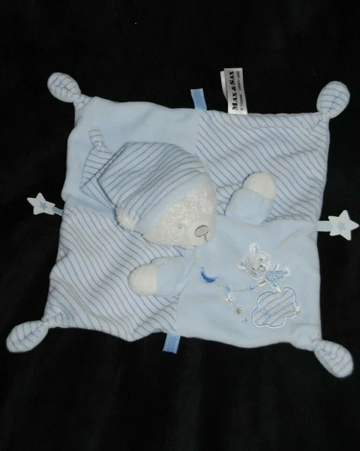 Doudou Ours Plat Bleu MAX ET SAX Moon Nuage Lune Etoile Bonnet Rayé Etat NEUF