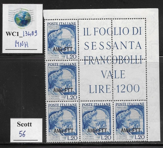 WC1_13489. ITALY: TRIESTE FTT. 1949 corner block BIMIL. CATULLO. Scott 56. MNH.